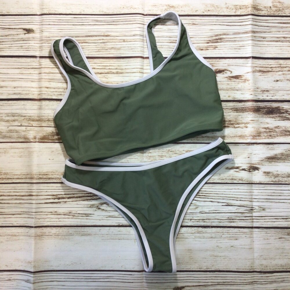Sage Green White Trim Cheeky Bikini 2 Piece Swim Suit
